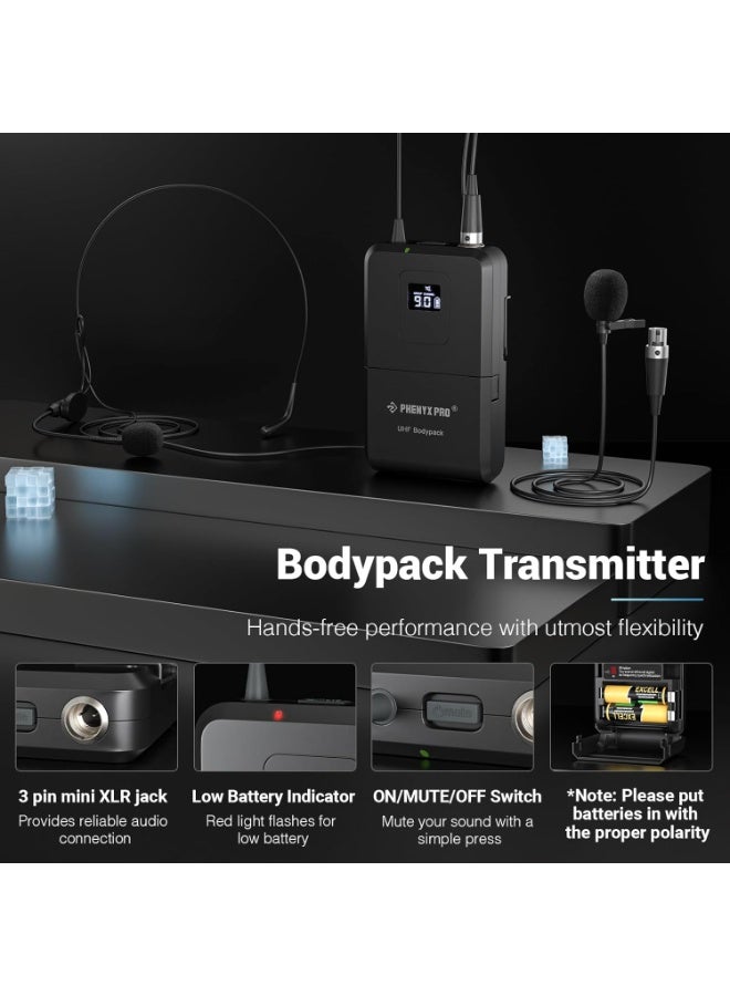 Phenyx Pro 4-Channel UHF Wireless Microphone System with 4 Bodypack Headset Lapel Mics Auto Scan Cordless Mic 328ft Range for Church DJ Meetings Singing PTU-7000-4B - Image 4